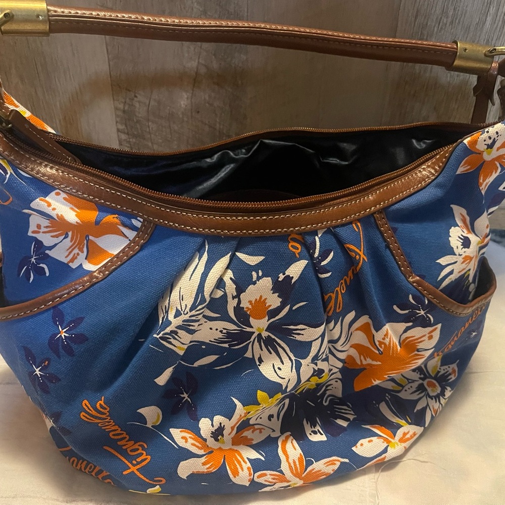 Tignanello Blue and Brown Floral Hobo Bag